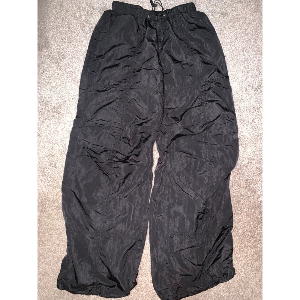 PacSun Womens Black Parachute Pants Baggy Nylon Drawstring Trousers Size S
